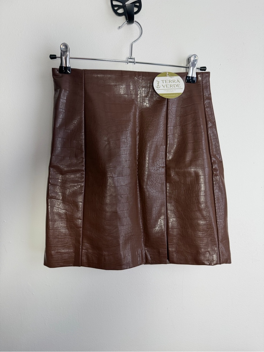 Astr Croc-Embossed Brown Faux-Leather Mini Skirt
